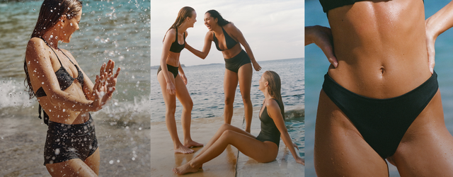 girls wearing period swimwear at the beach