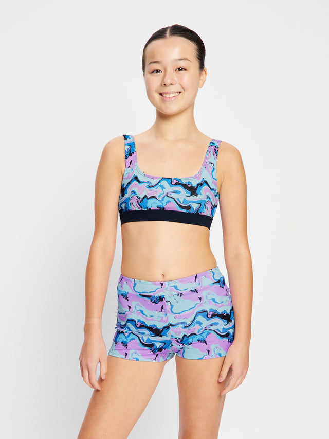 Teen Swimwear Performance Reversible Crop Top Marble Blue