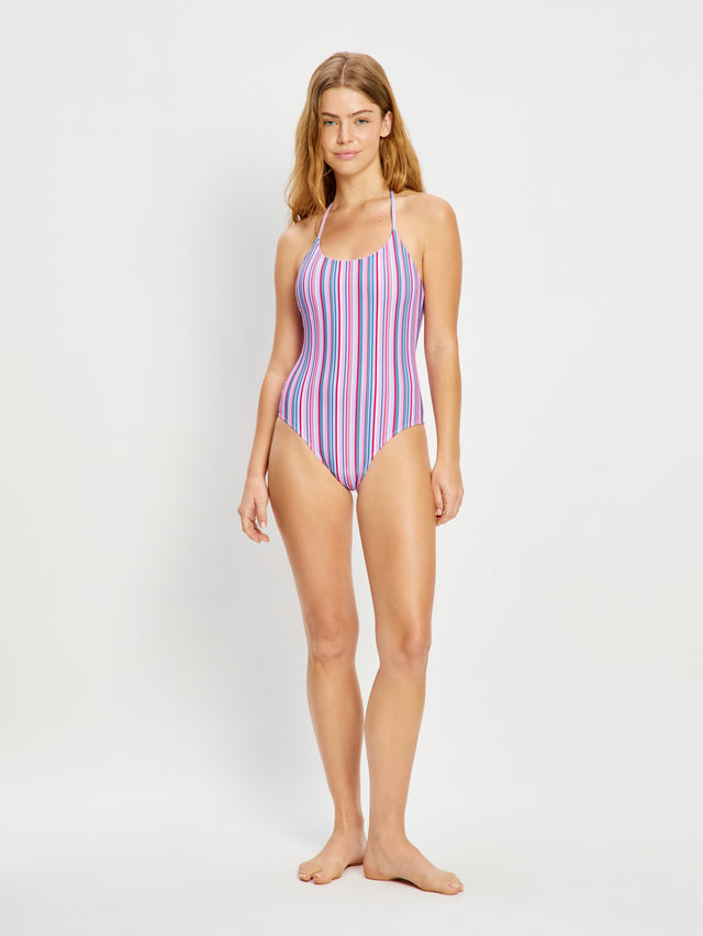 Teen Swimwear Halter One Piece Super Violet Rose Stripe