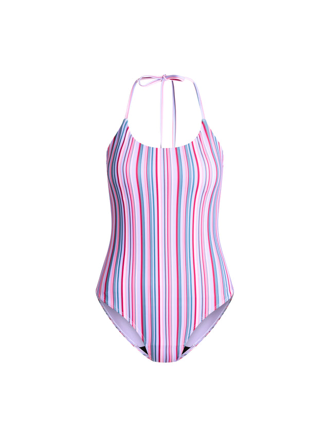 Teen Swimwear Halter One Piece Super Violet Rose Stripe