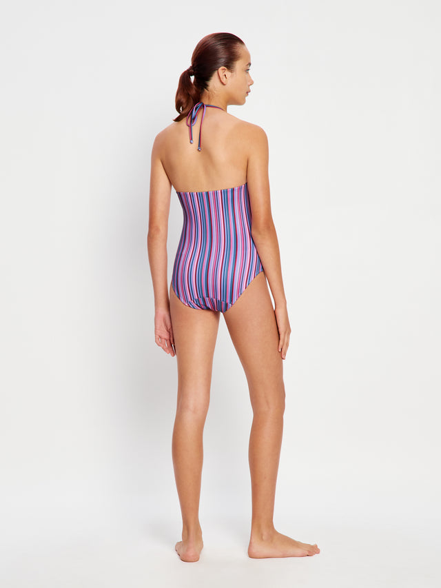 Teen Swimwear Halter One Piece Super Violet Rose Stripe