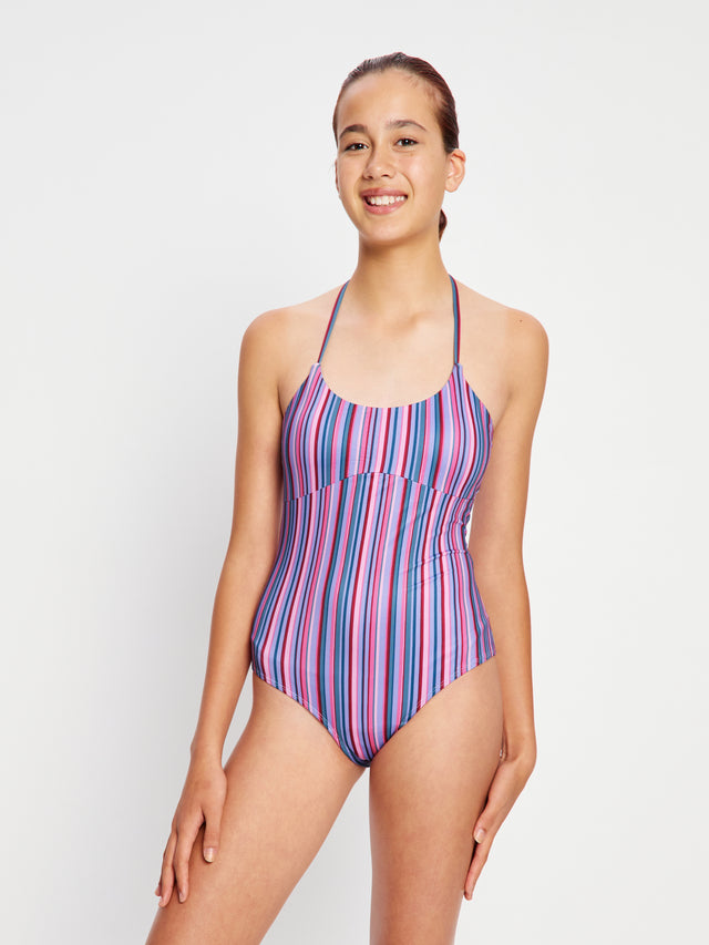 Teen Swimwear Halter One Piece Super Violet Rose Stripe